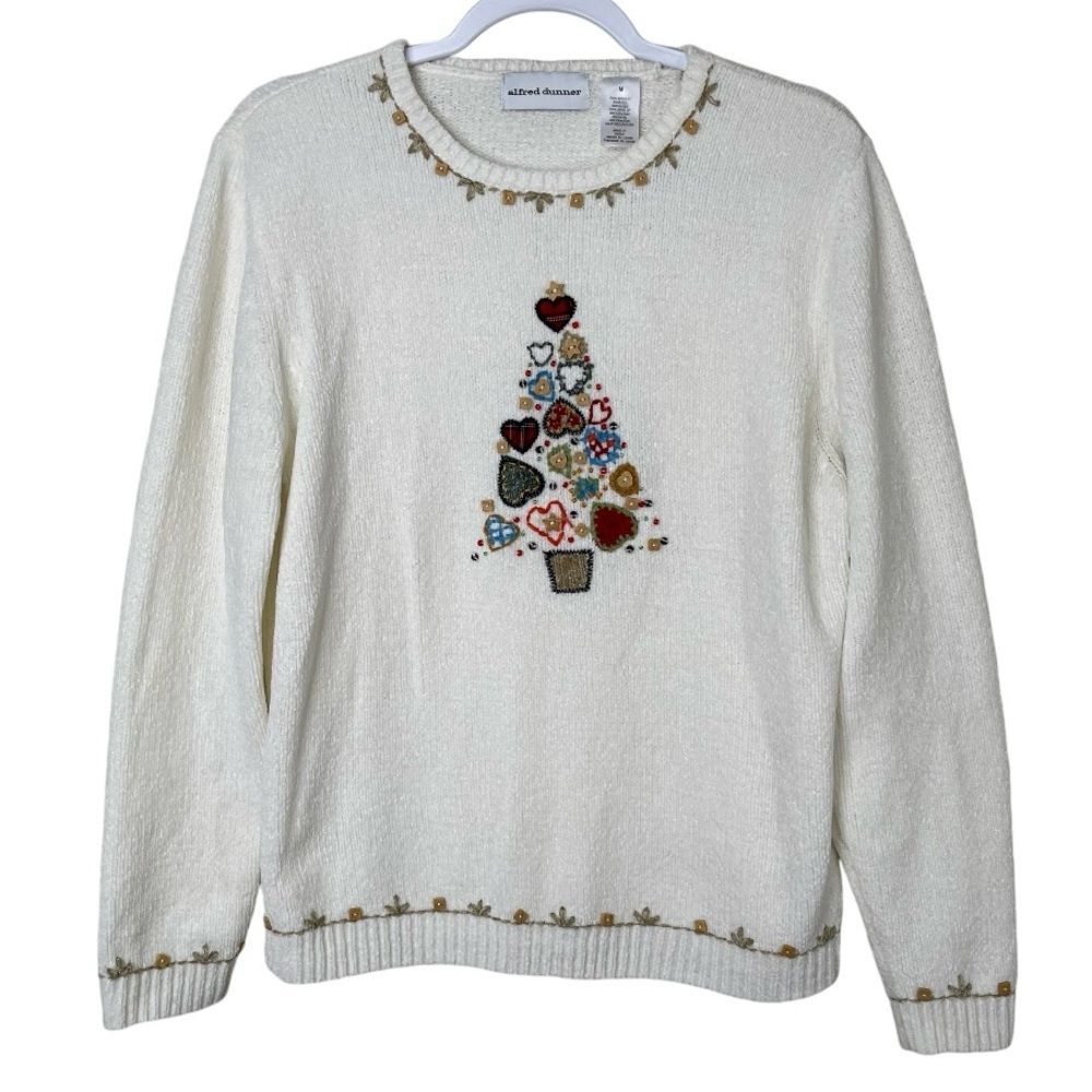 Alfred Dunner Christmas Tree Sweater Beaded Holiday Party Chenille Ivory Size M